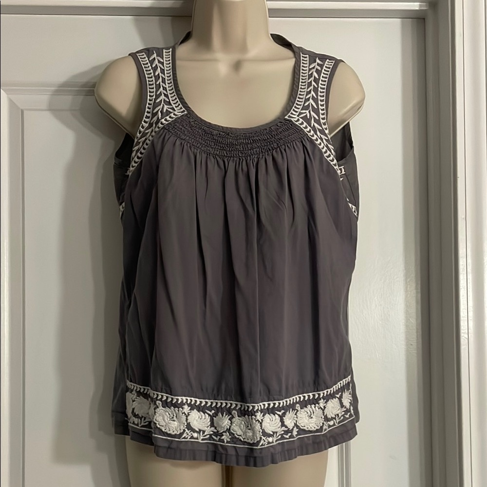 Banana Republic Gray Pleated Tank Top with Scoop Neckline and Embellished Trim